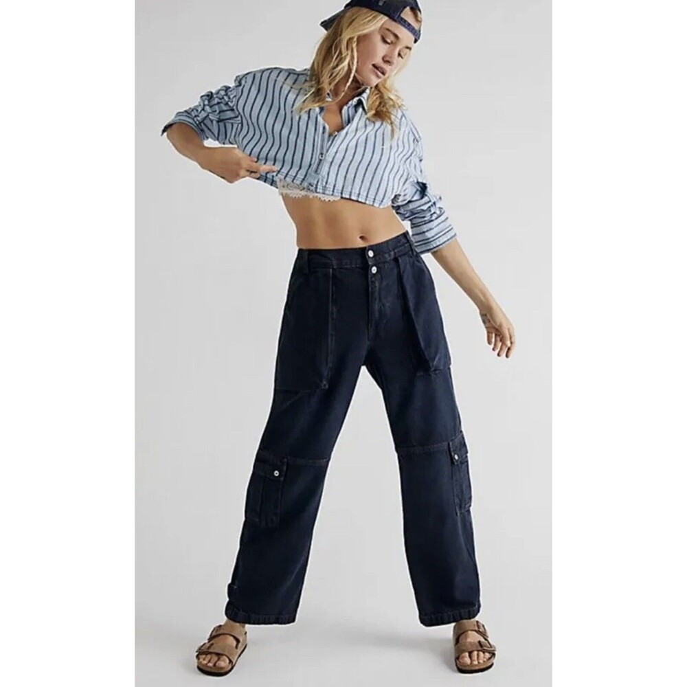 Free People Pants Black Marx Slouchy Cargo Jeans Boho Baggy Y2K Wide Leg Size 29